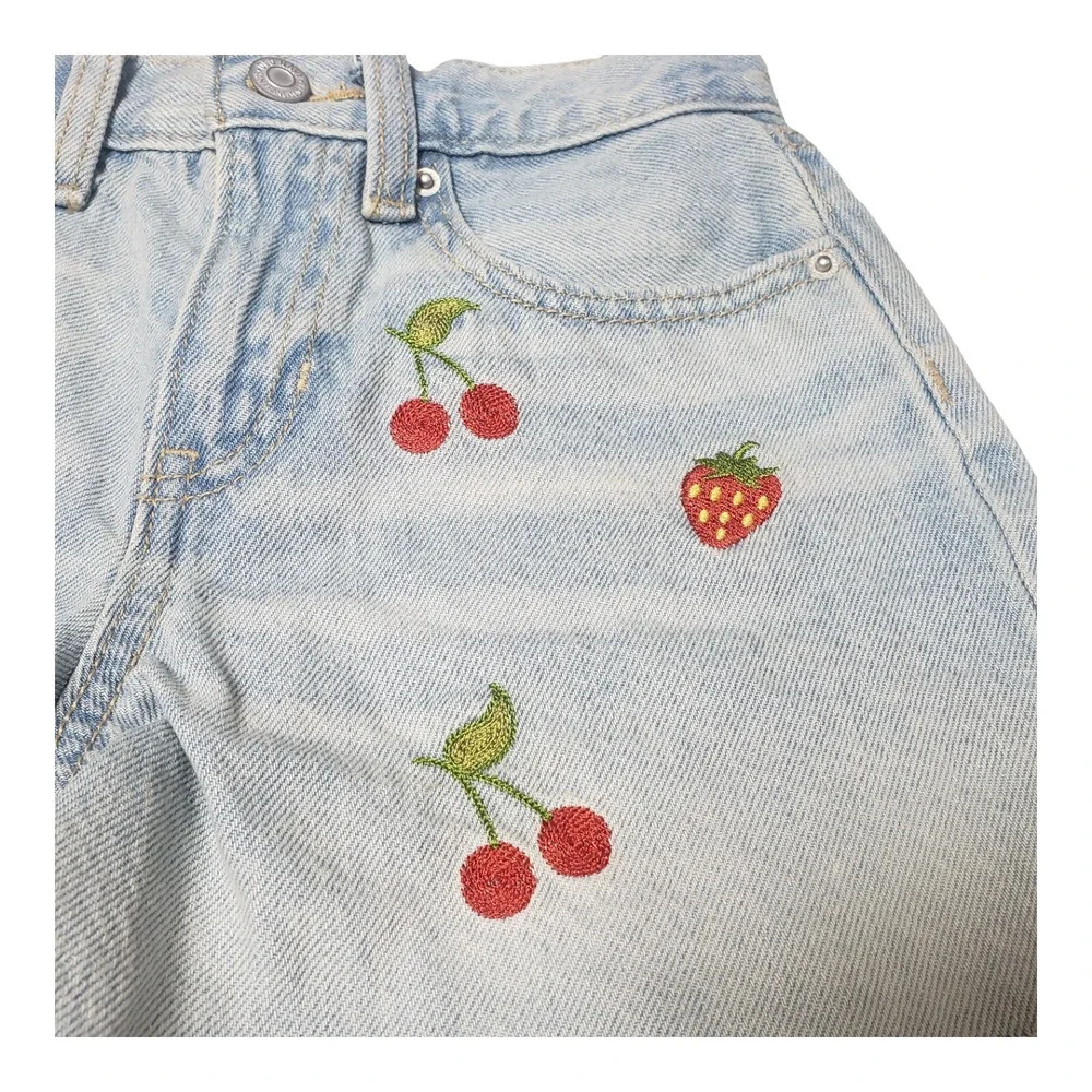 Old Navy Girls 10 High Rise Fruit Embroidered Denim Shorts Wash Cherry 2.5